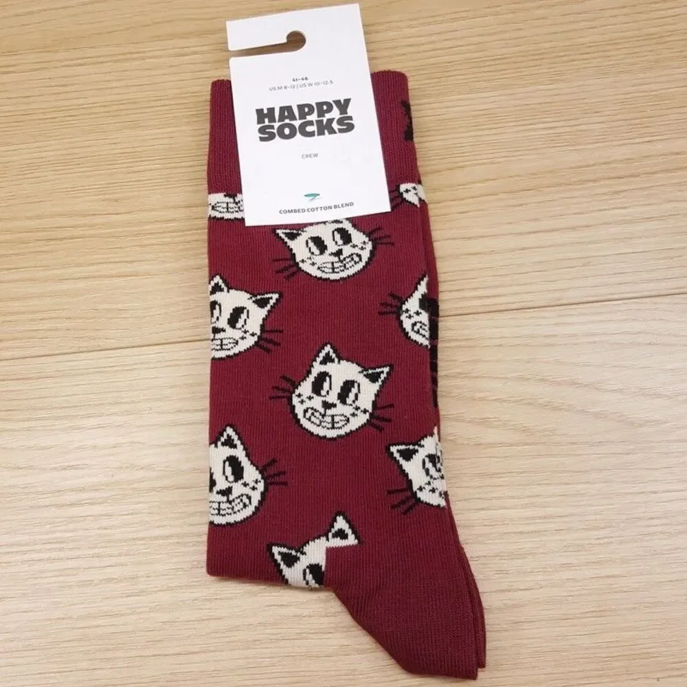 HAPPY SOCKS Crew Socks Burgundy Cat Combed Cotton Unisex Maroon M 8-12 W 10-12.5